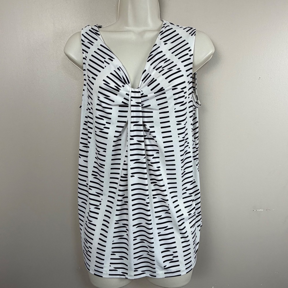 Worthington Sleeveless Blouse Women PL White Black Stripe V-Neck Twist Front Top